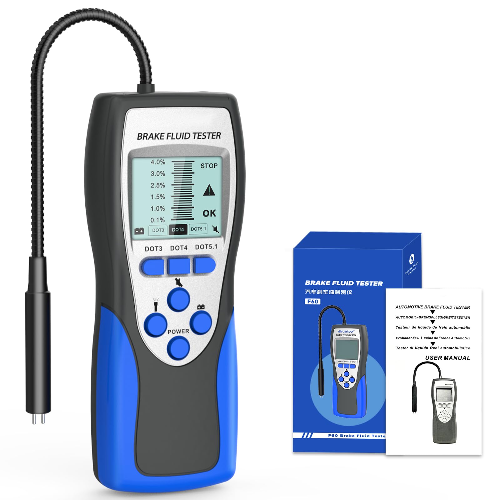 BELEY Testeur de liquide de frein automobile F60 - Testeur de liquide de frein numérique pour DOT3 DOT4 DOT5.1 avec écran LCD de 2,8" et sonde de haute précision