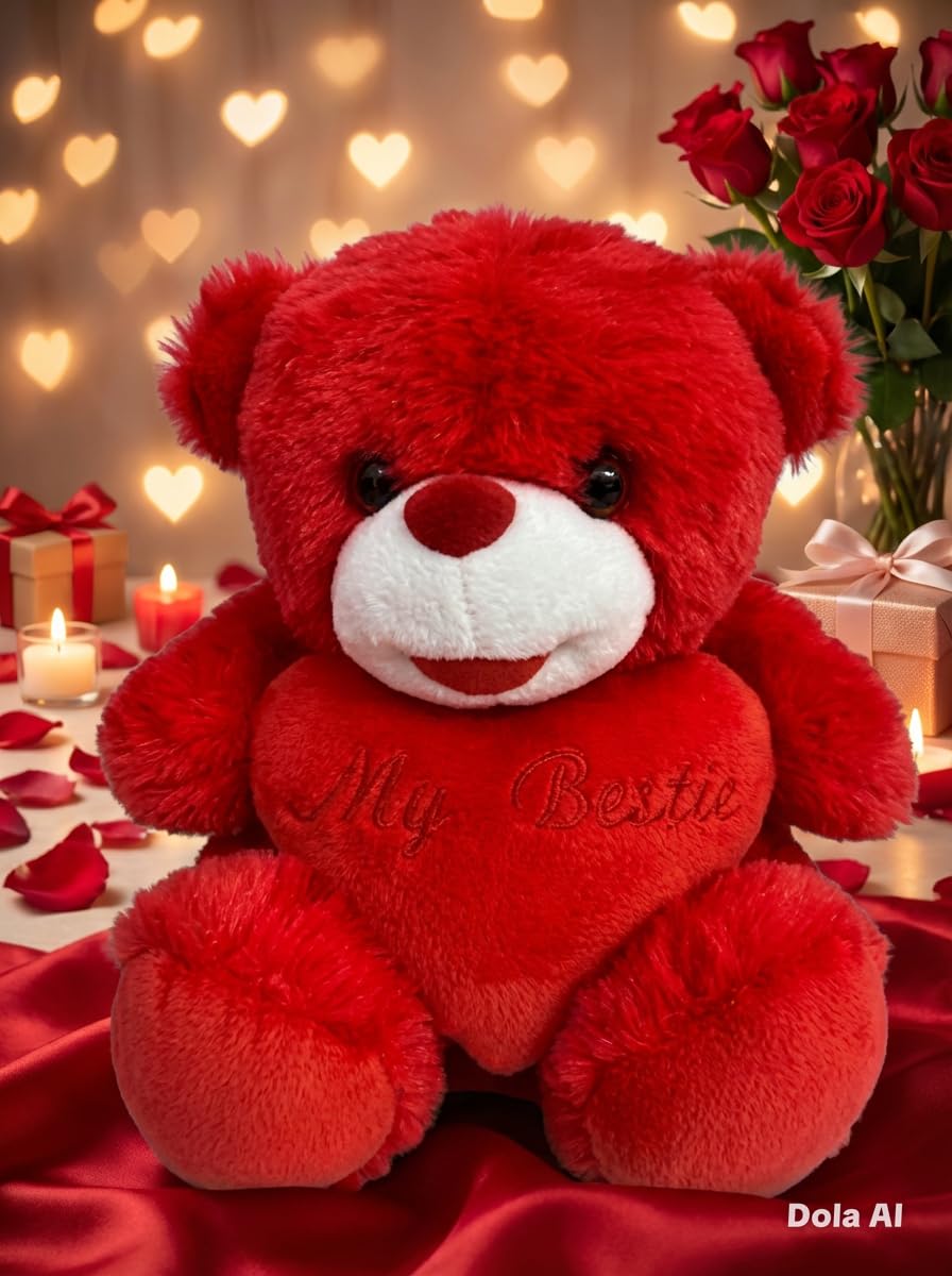Cute Plush Teddy Bear with Heart, Red and White, Embroidered Message my bestie, Soft Stuffed Animal Gift from fairy land collection 2026/25 cm (red)
