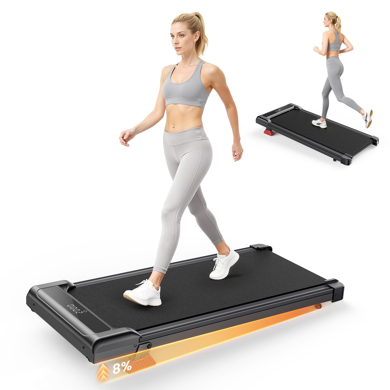 HomeFitnessCode Walking Pad Treadmill 8% Incline, Treadmills for Home, 3.0HP Portable Electric Under Desk Treadmill with LED Display & Remote, Adjustable Speed, No Assembly (Dark Black)