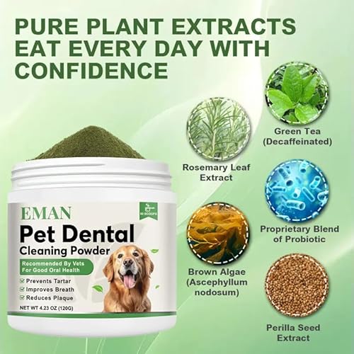 EMAN Pó de limpeza de dentes de cachorro – 120 g de pó dental de valor extra para cães – aromatizado