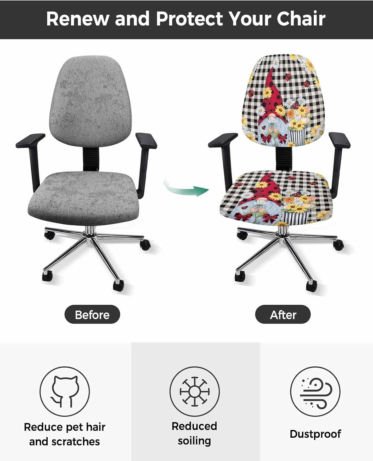 YOKOU Office Chair Covers Stretchable, Pastoral Gnomes Wildflowers Elastic Removable Rotating Desk Chair Slipcovers Computer Chair Seat & Back Cover Set Classic Black Buffalo Plaid