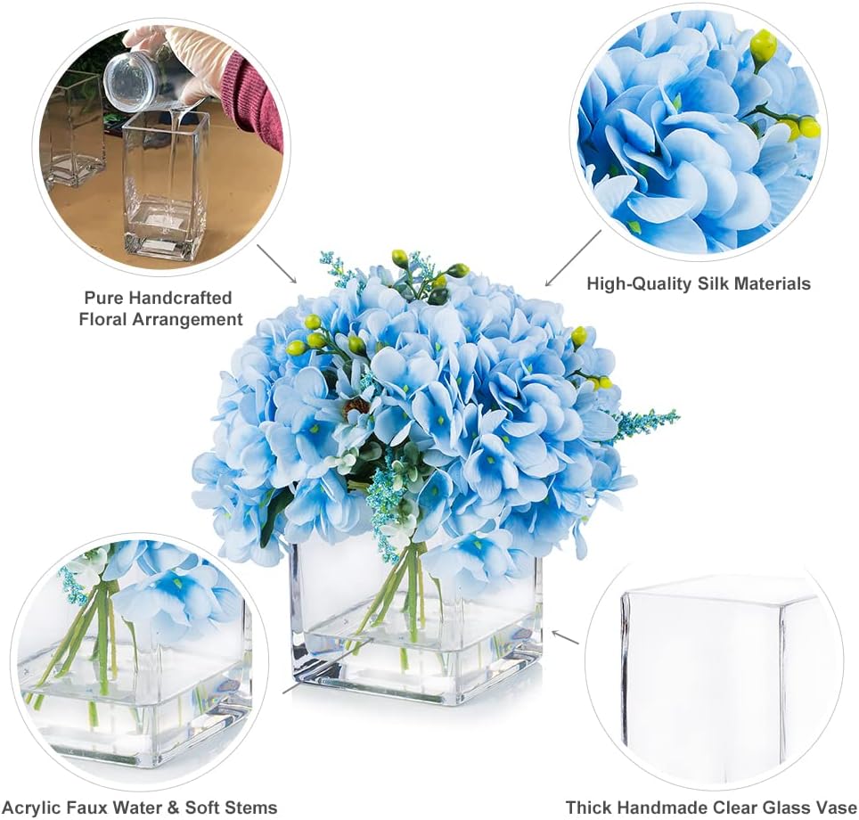 ENOVA FLORAL Blue Hydrangea Artificial Flowers with Vase Home Decor Indoor, Silk Hydrangea Artificial Flowers in Vase with Faux Water for Dining Table Decorations, Wedding (Blue) - Image 3