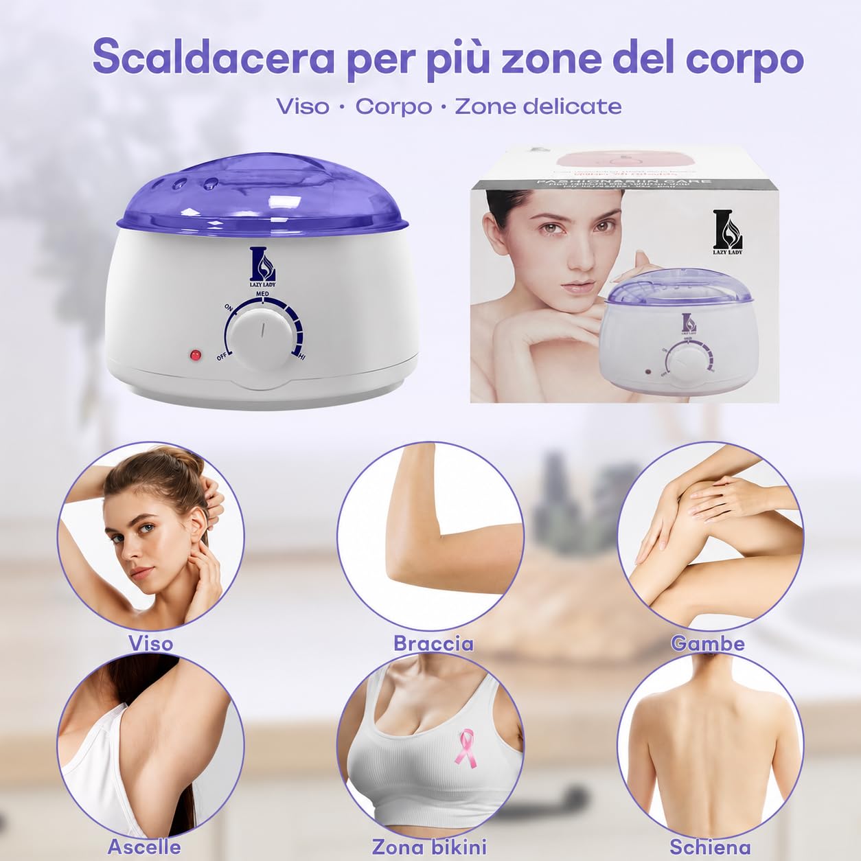 Scaldacera Professionale per Ceretta a Caldo, Kit Cera Brasiliana Completo con 4 Cere, Scalda Cera Elettrico per Depilazione a Casa, Viso, Ascelle, Gambe e Corpo, Viola (bianco)