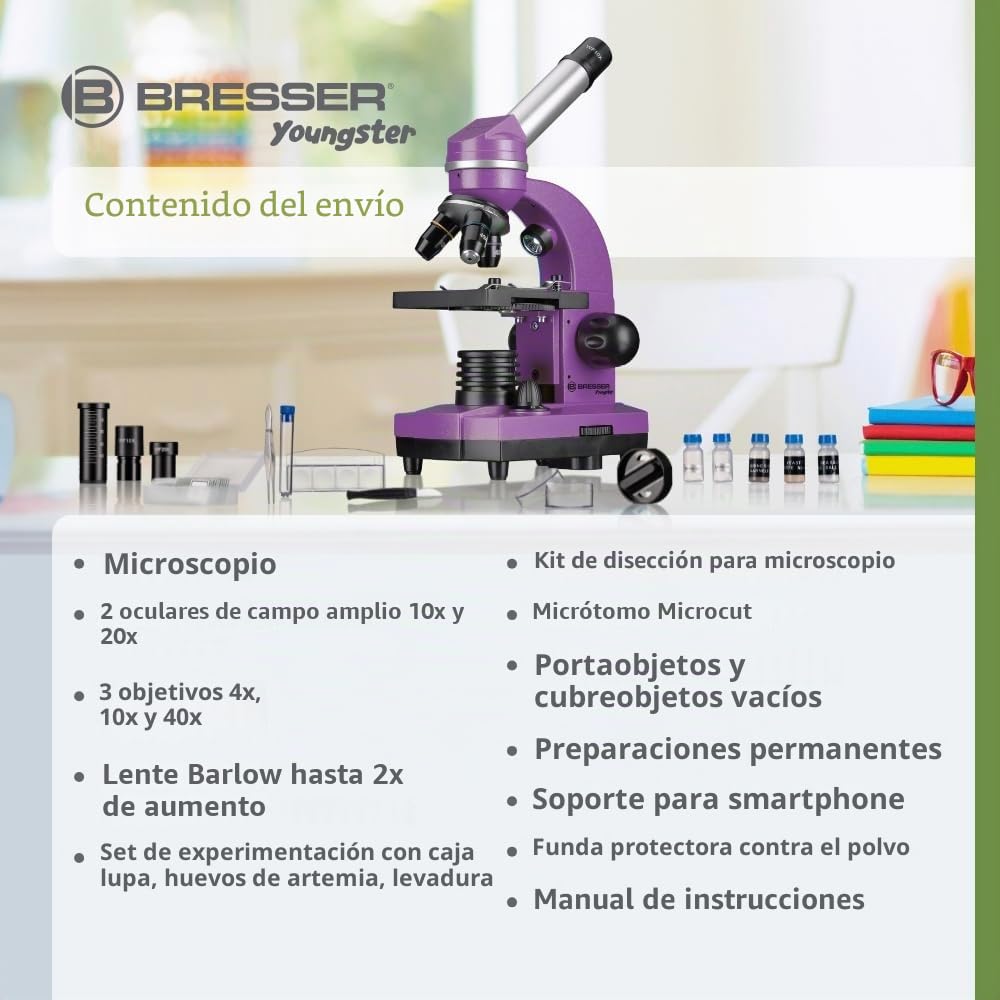Bresser Microscopio para Estudiantes Biolux Sel con Soporte para Smartphone, Ricos Accesorios y Sistema de Zoom Barlow para niños, Principiantes y Adultos, Color Morado