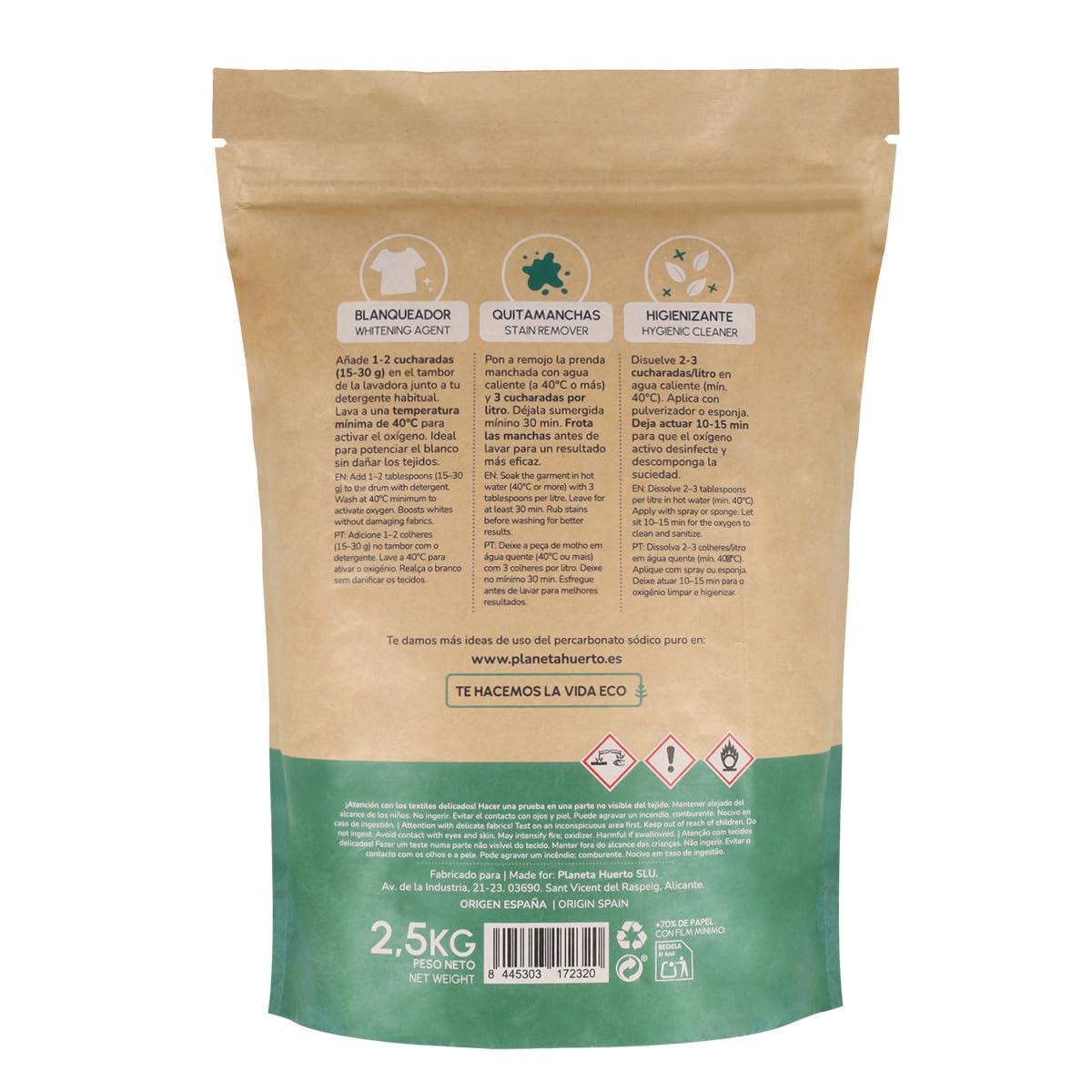 PLANETA HUERTO | Percarbonato Sódico Ecológico 2,5 kg – Percarbonato Blanqueador, quitamanchas e higienizante natural, limpieza sostenible para ropa blanca, superficies y hogar sin tóxicos