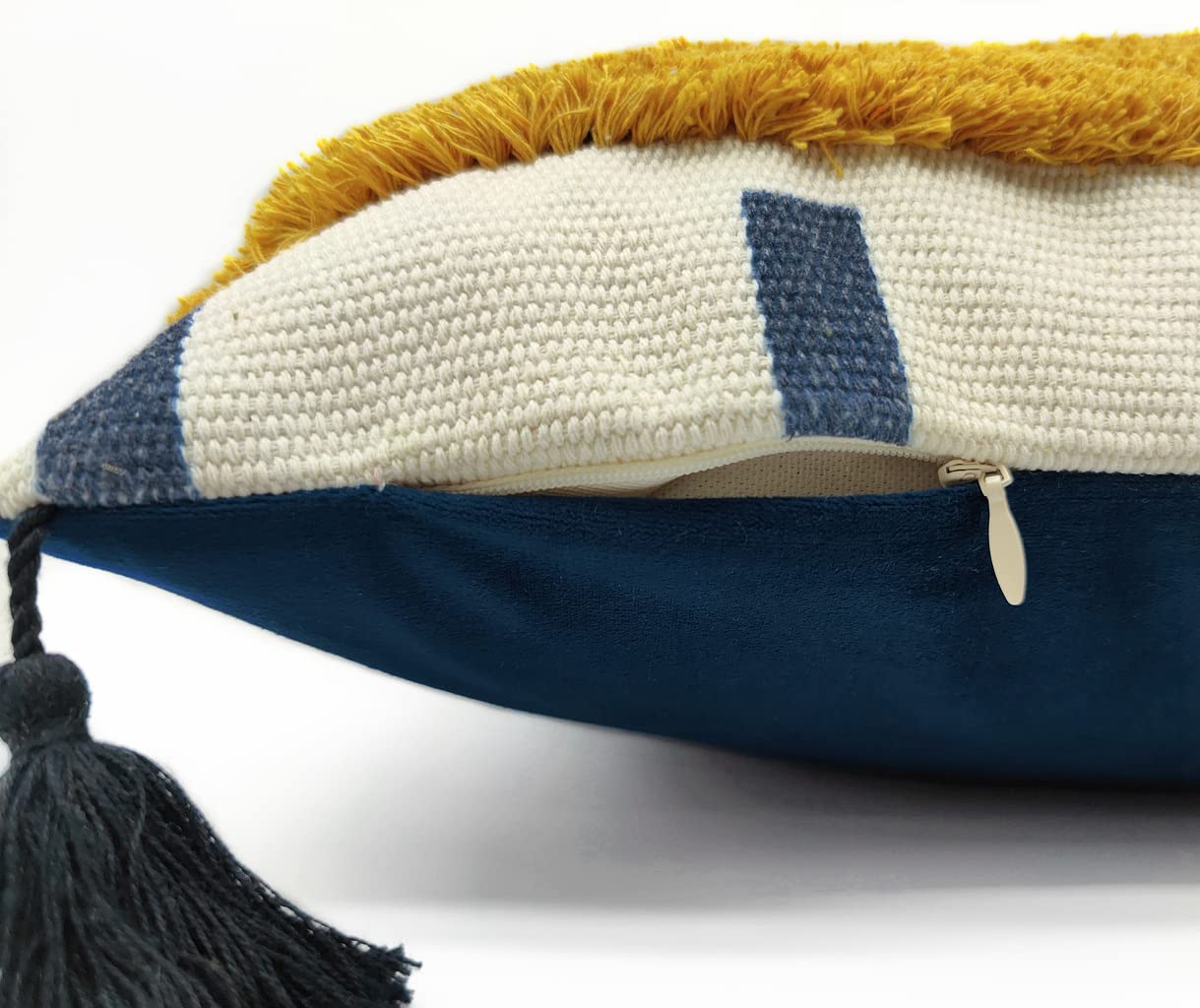 Alysheer Federa decorativa per cuscino bohémien trapuntata con nappe e frange, 45 x 45 cm, in velluto di cotone, reversibile, per divano, soggiorno, camera da letto (blu navy senape)