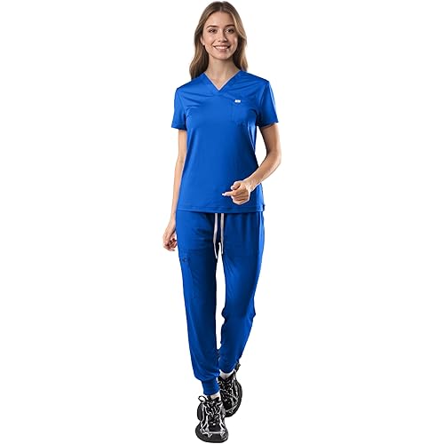 Scrubs for Women - V-Neck Top & Stretchy Jogger Pants Scrubs Set with 5 Pockets