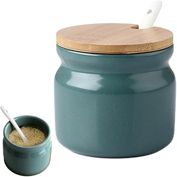 Ceramic Sugar Bowl with Lid and Spoon, Seasoning Storage Jar Sugar Pot Salt Container for Coffee Bar, Home Kitchendark green