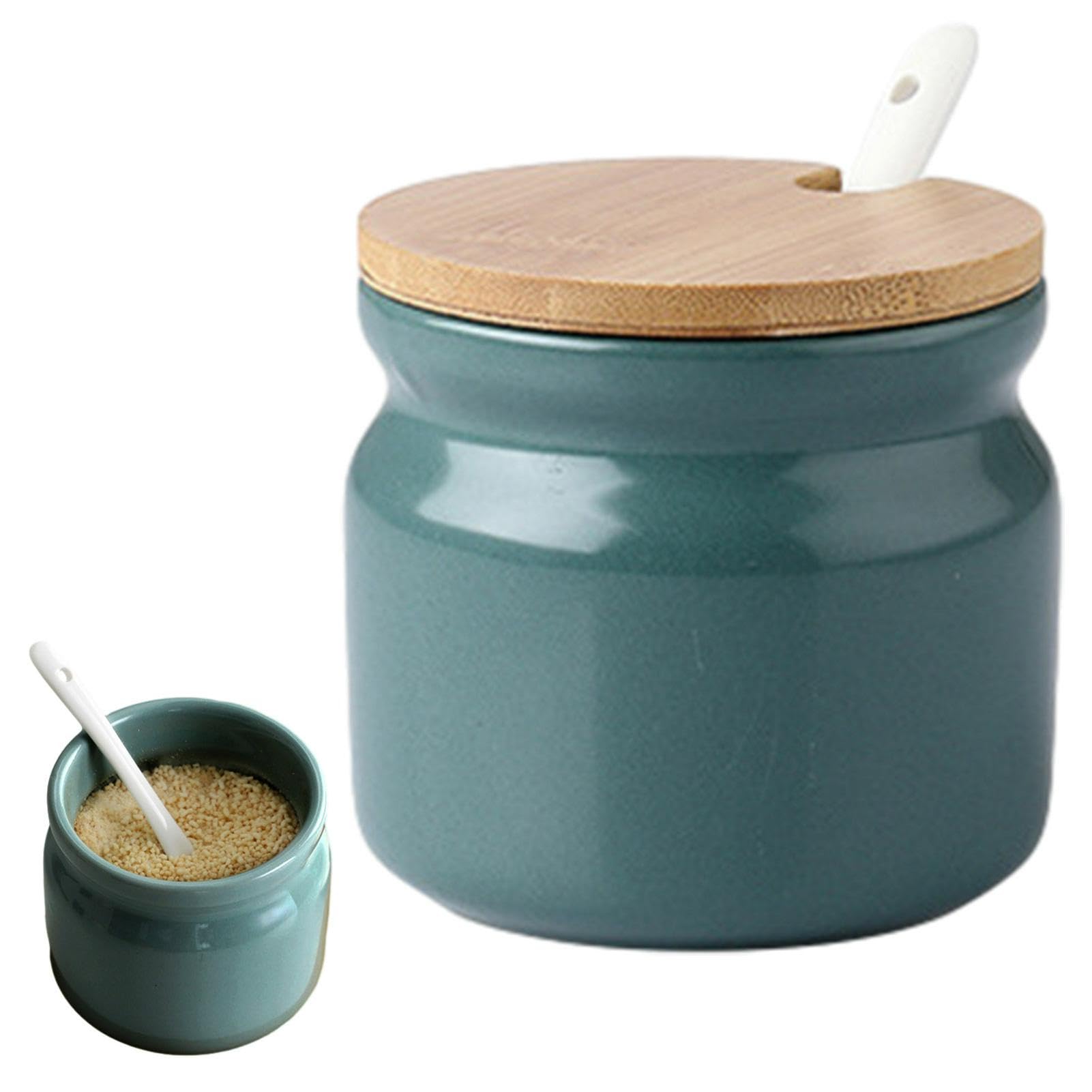 JASOLYI Ceramic Sugar Bowl, Porcelain Sugar Pot with lid and Spoon, 300ml/10.56oz Seasoning Storage Jar Salt Pot Salt Container for Coffee Bar, Home Kitchen(Dark Green)