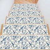 InIsaJace Non-Slip Carpet Stair Runner, 15 Pack Blue Floral Birds Stair Treads for Wooden Steps Indoor, Washable Rugs Staircase Mats for Kids Elders and Dogs(7.87 X 29.9 Inches)