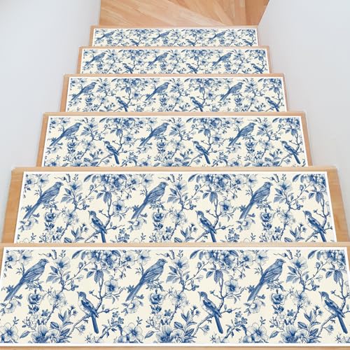 InIsaJace Non-Slip Carpet Stair Runner, 15 Pack Blue Floral Birds Stair Treads for Wooden Steps Indoor, Washable Rugs Staircase Mats for Kids Elders and Dogs(7.87 X 29.9 Inches)
