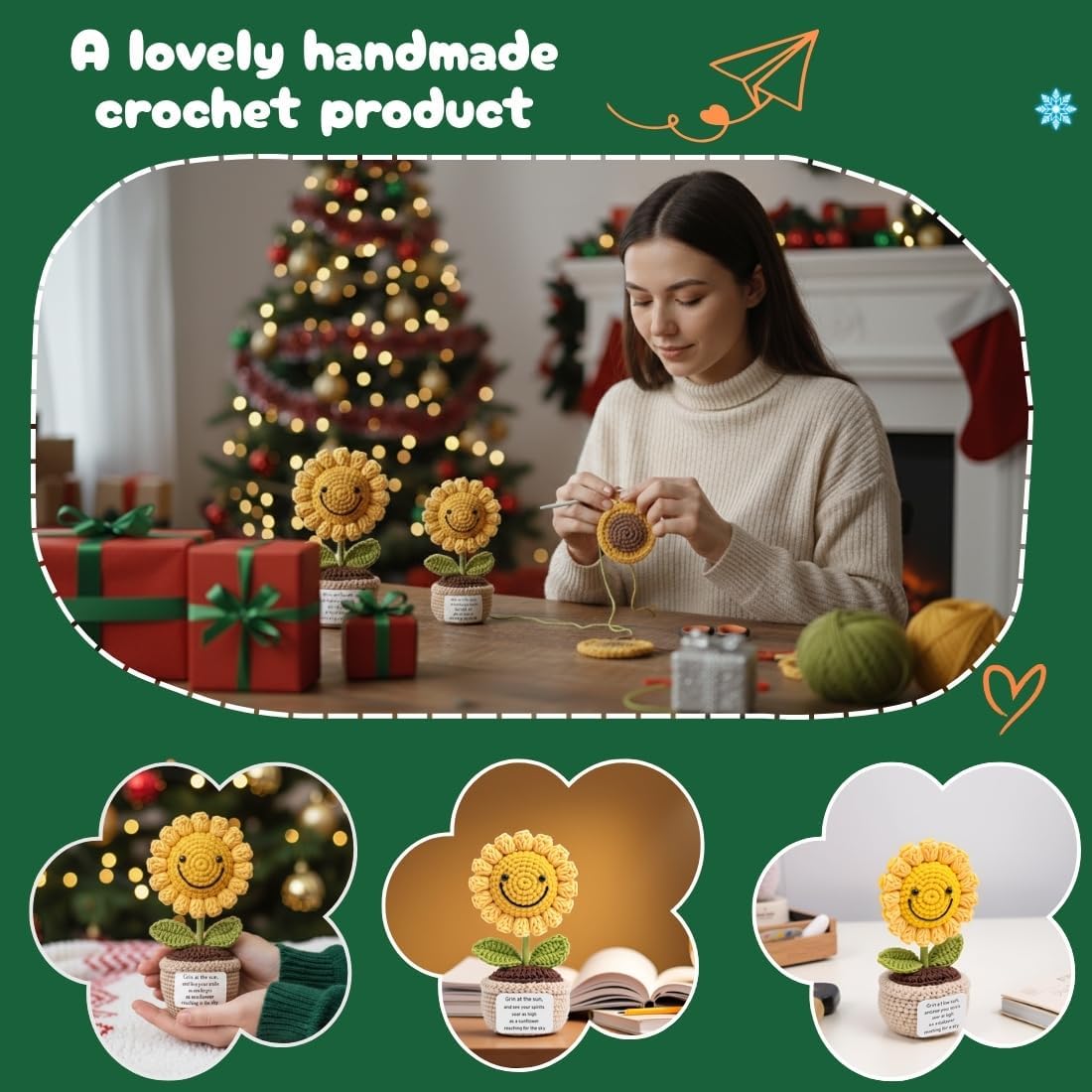 Handmade Crochet Sunflower with Smile – Positive Emotional Support Gift for Women, Mom, Friends – Uplifting Desk Decor – Birthday, Thank You, Graduation - Image 3