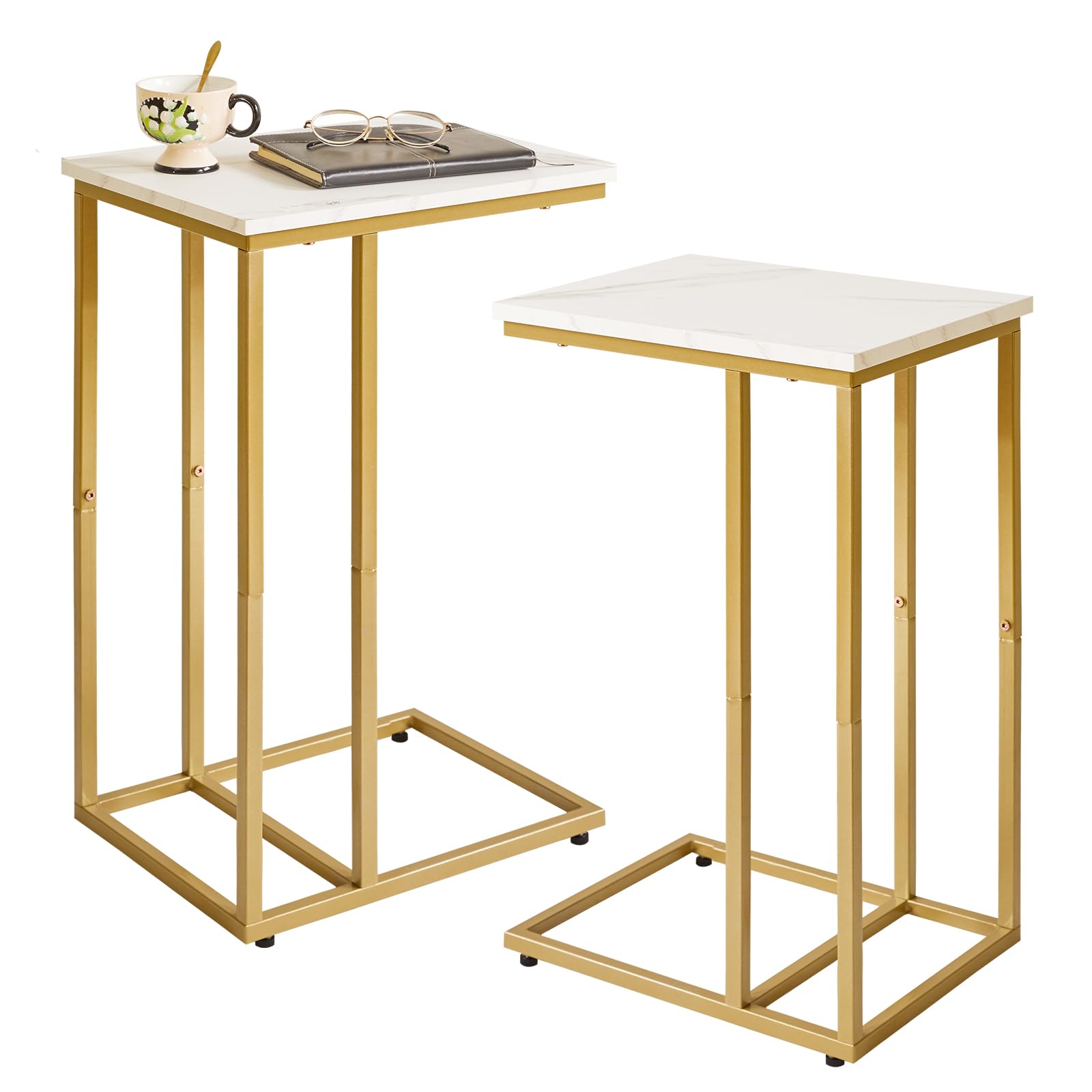 Aibiju Small Side Tables C Shaped, End Table Set of 2, Small Table Stand for Living Room Bedroom, lLittle Bedside Table Faux Marble+Gold YD-TM051G-2