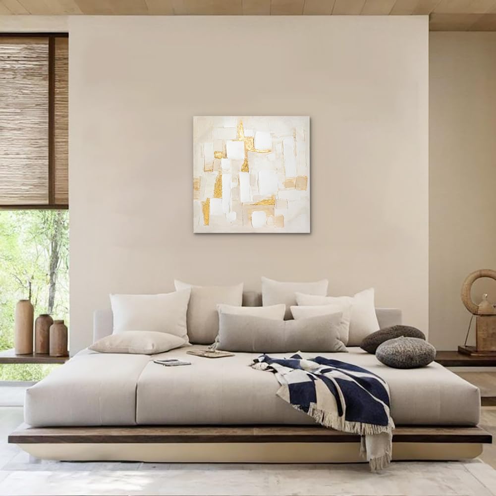 Briful Neutral Abstract Wall Art for Living Room, Textured White and Gold Canvas Wall Decor, Modern Minimalist Square Wall Art for Bedroom, Entryway, Office, Ready to Hang, 23.6" x 23.6"