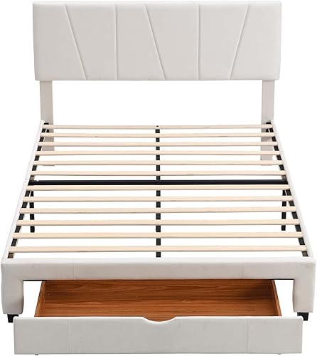 Miniatura 7 de TMEOSK Cama tapizada de terciopelo tamaño Queen con cajón grande de almacenamiento y cabecera ajustable para niños niñas adolescentes y adultos no