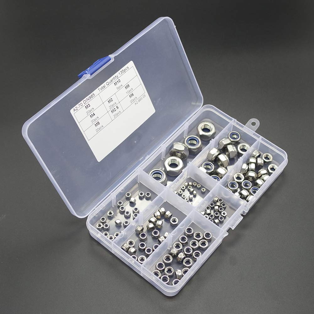Dadi Esagonali 135 pezzi Set di Dadi Autobloccanti M2 M2.5 M3 M4 M5 M6 M8 M10 Acciaio Inossidabile 304 Nylon Kit Assortimento Dadi di Bloccaggio