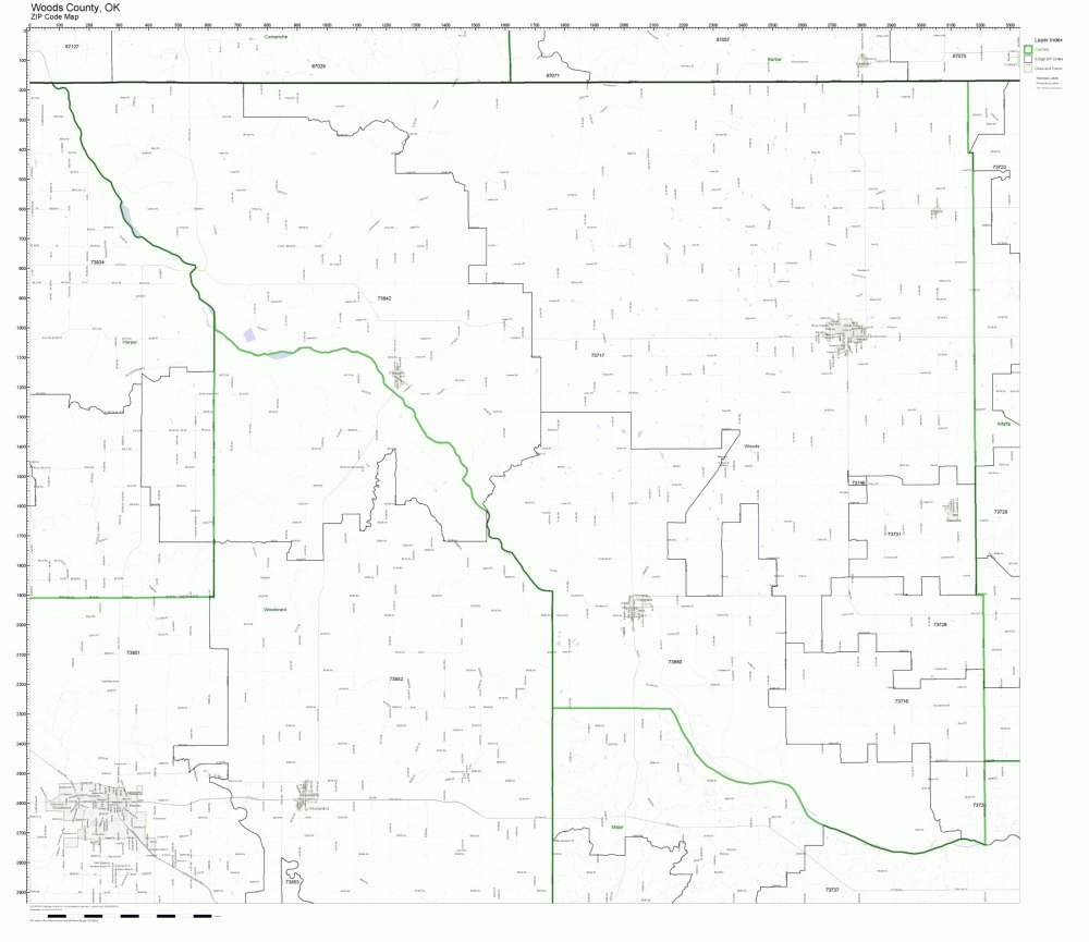 Woods County, Oklahoma OK ZIP Code Map Not Laminated