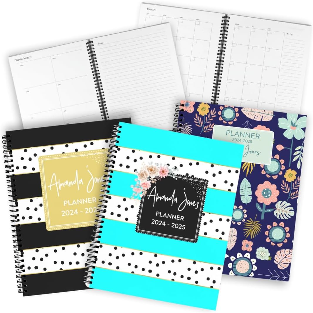 Personalized 2024-2025 Weekly and Monthly Planner, 8.5" x 11", 5.5" x 8.5" Spiral Hard Cover Planner for Women and Girls, Academic Planner, Office Planner for Work, Planner for School College