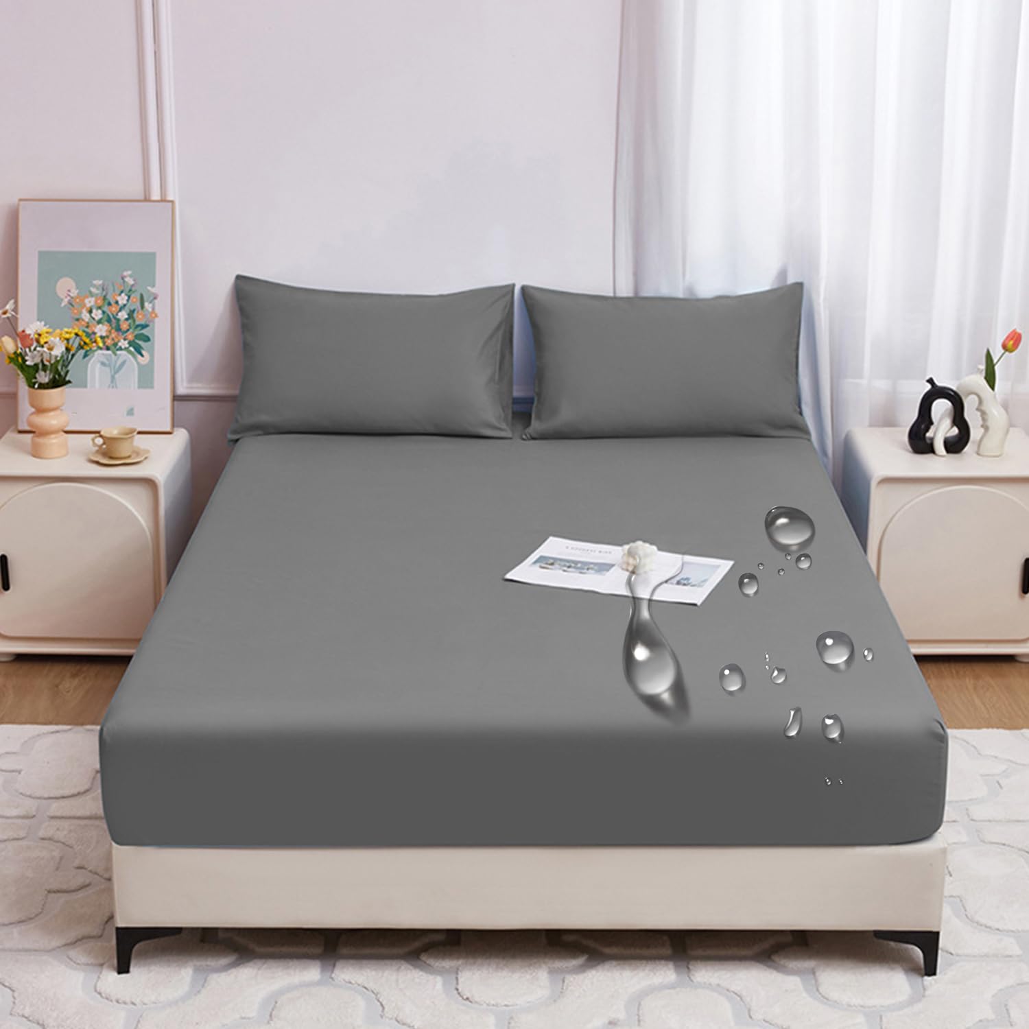LDLCYCN ,grey,150 * 200cm, 100% Waterproof Mattress Protector Cover Queen King Bed Cover Fitted Sheet