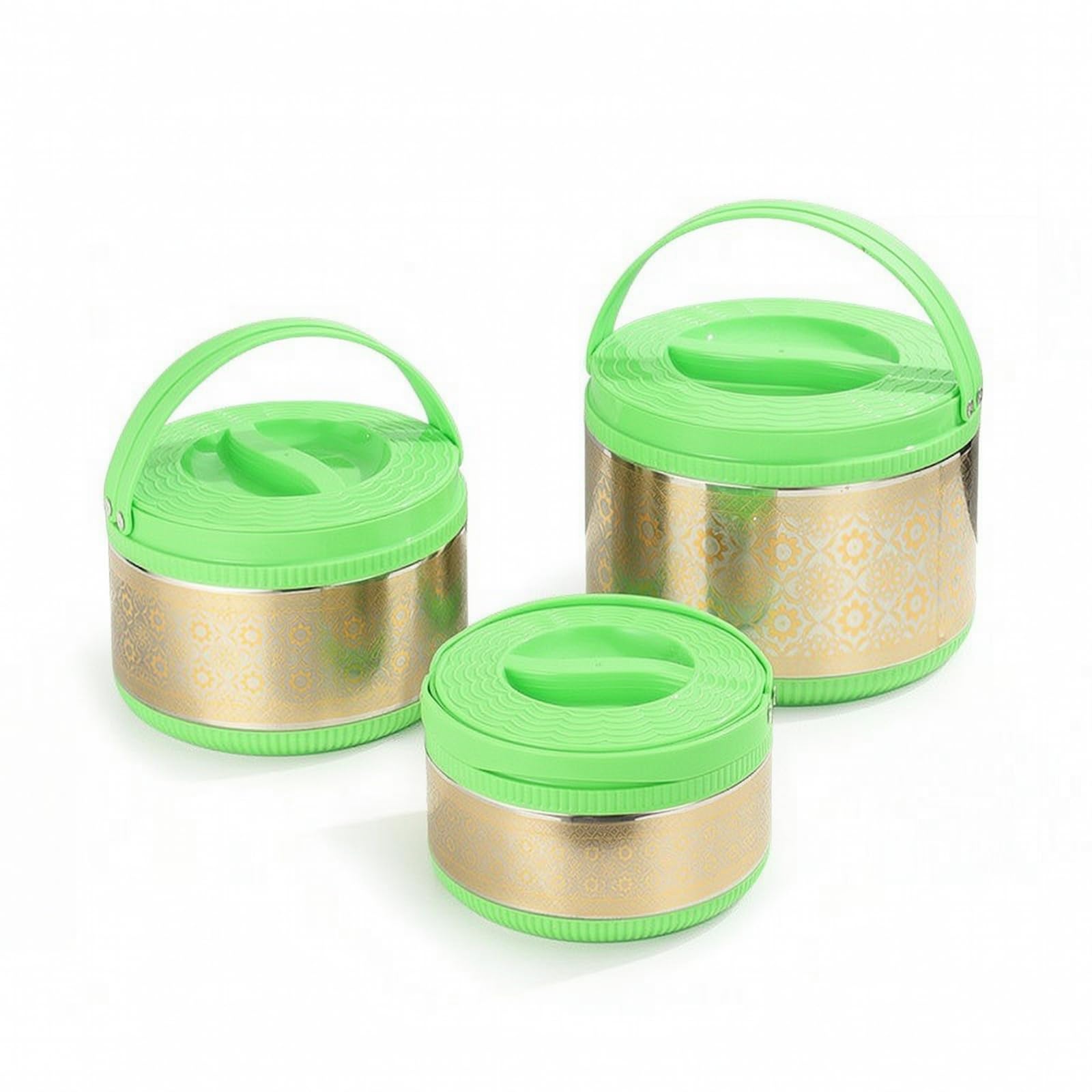 predolo 3 Pezzi Contenitore Termico con Manico Isolato Portavivande con Manico Facile da Pulire Portavivande Termico per, Verde Con Fiori Dorati, Set Da Tre Pezzi Verde Con Fiori Dorati