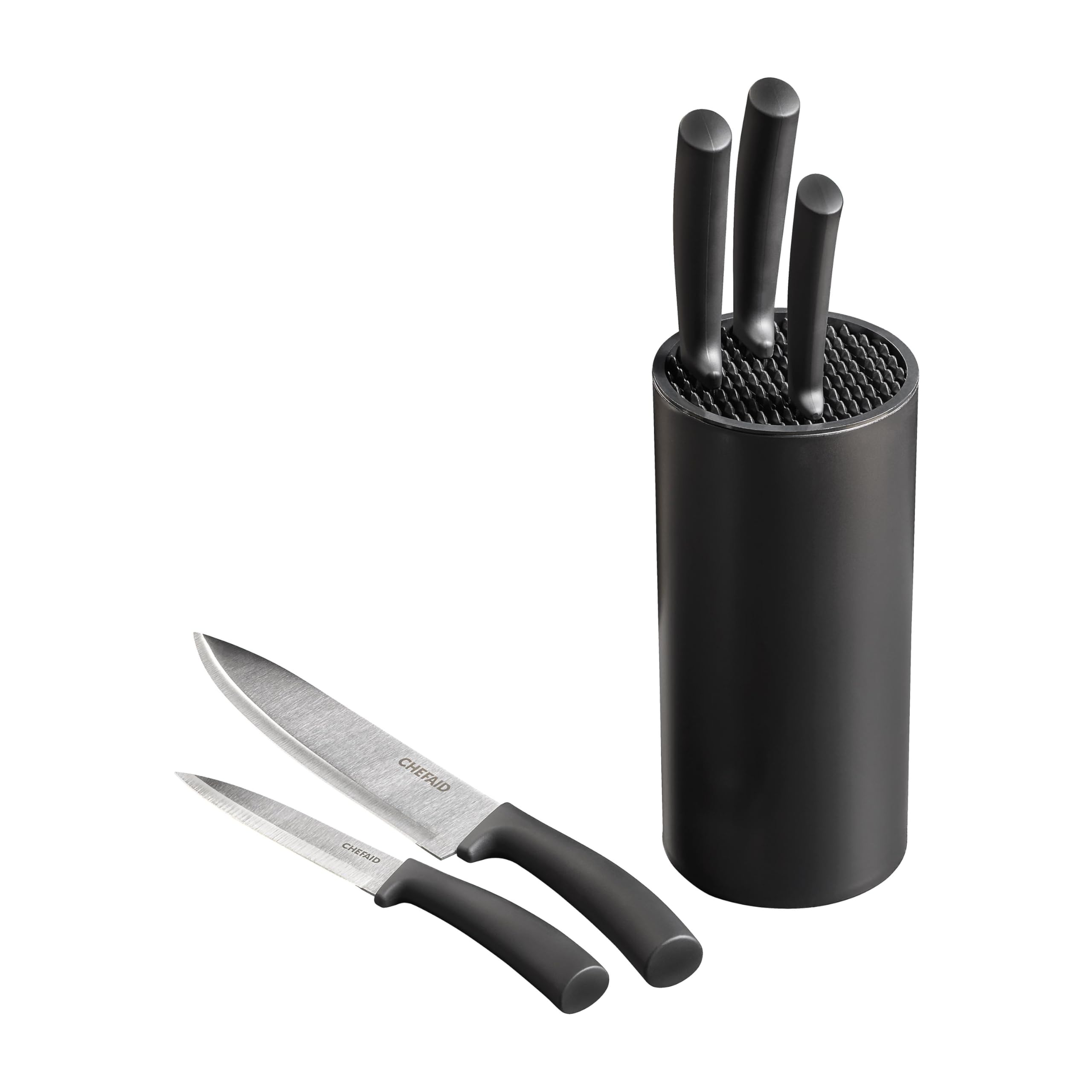 Chef Aid 6 Piece Knife Block Set, Stainless Steel Kitchen Knives with Soft Grip Handles & Universal Matt Finish Knife Block, Includes Chef, Paring, Utility, Bread & Carving Knives