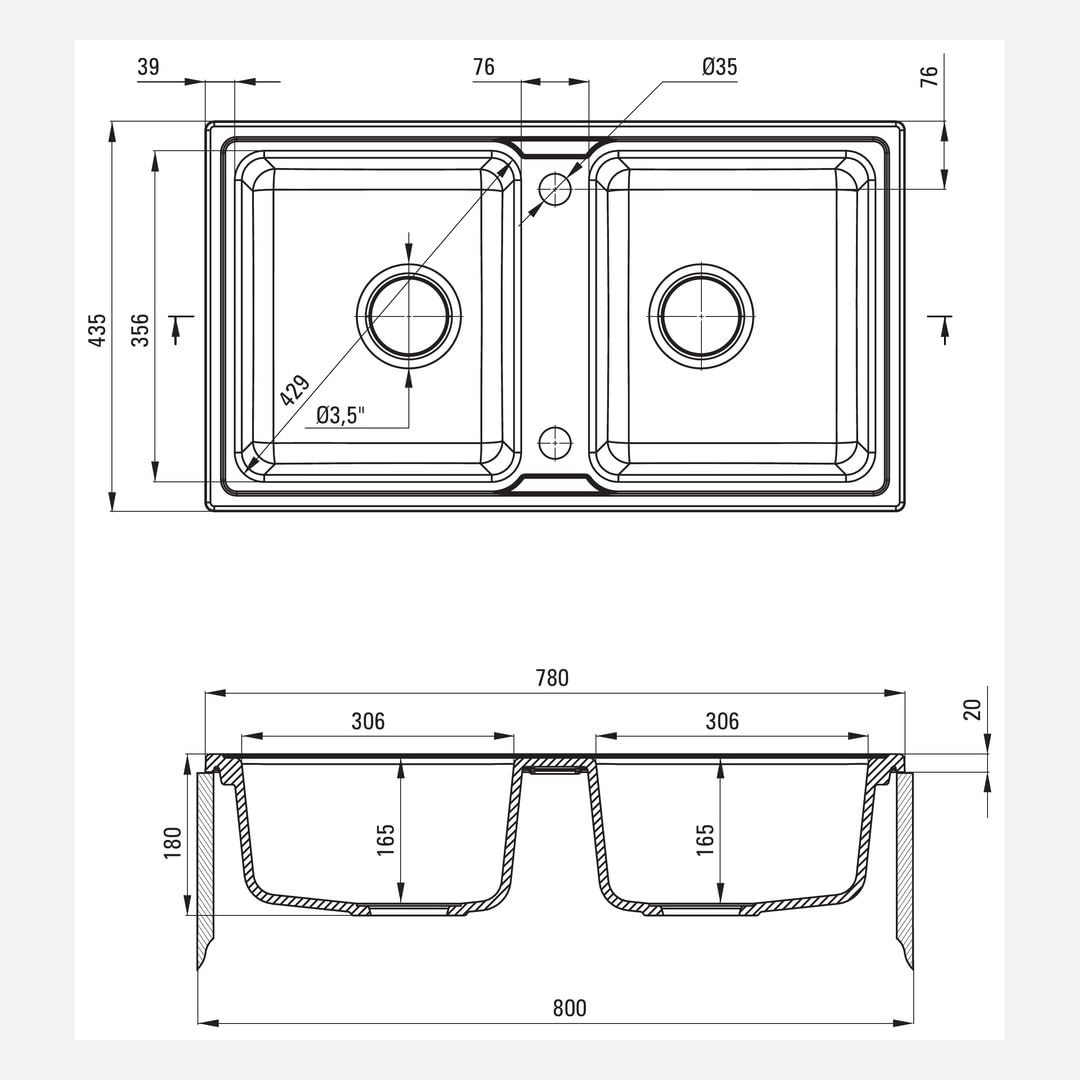 Fregadero de cocina de granito con 2 cubetas 78 x 43,5 cm grafito metalizado - Zeno