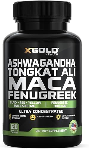 Ashwagandha 5000 mg + Tongkat Ali 1000 mg + raíz de maca 5000 mg + suplemento de fenogreco de 3000 mg Extracto de raíz de maca negra + roja +