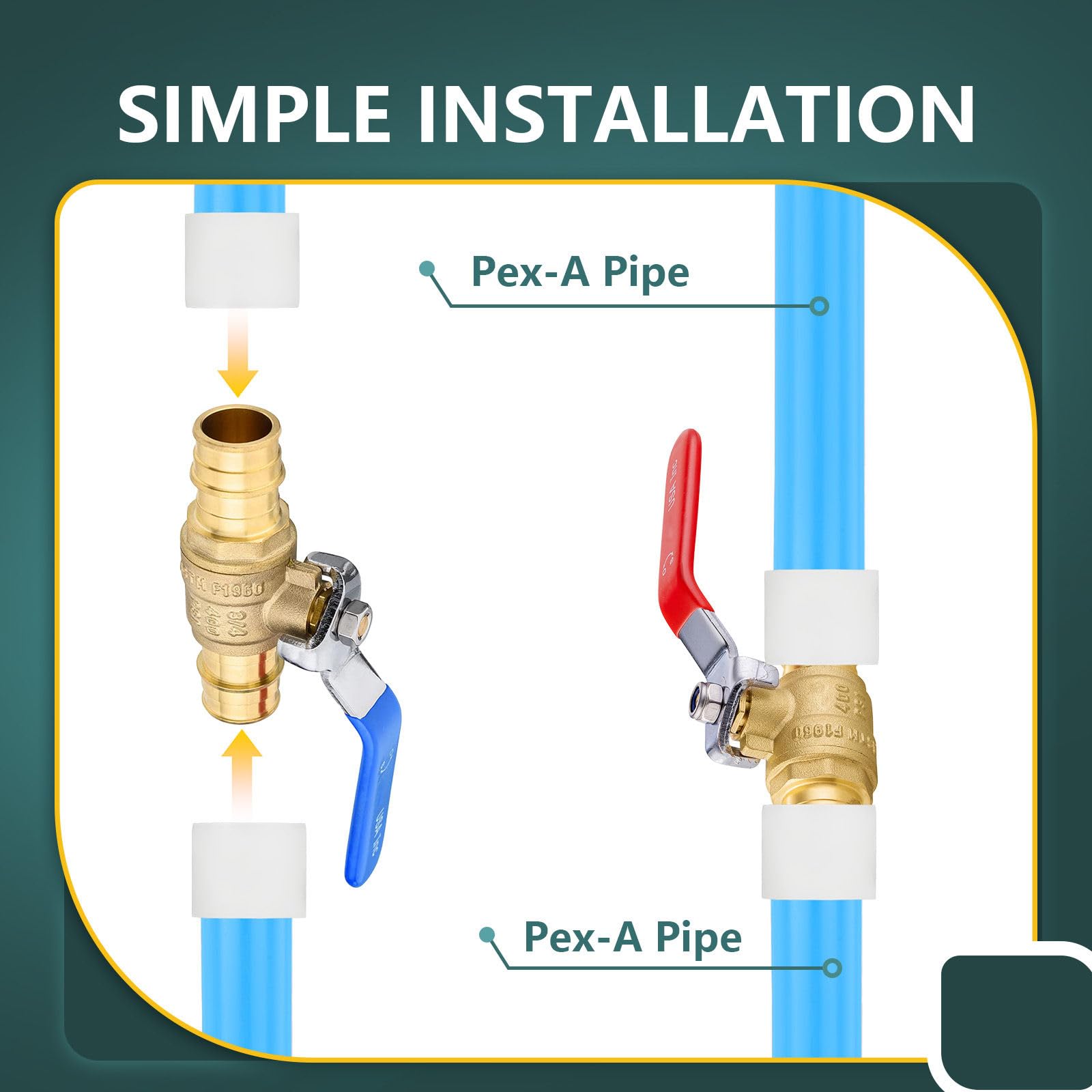 Lot de 10 robinets à boisseau sphérique Pex A de 1,9 cm, robinet à boisseau sphérique en laiton à port complet pour eau chaude et froide, certifié NSF/ANSI 61