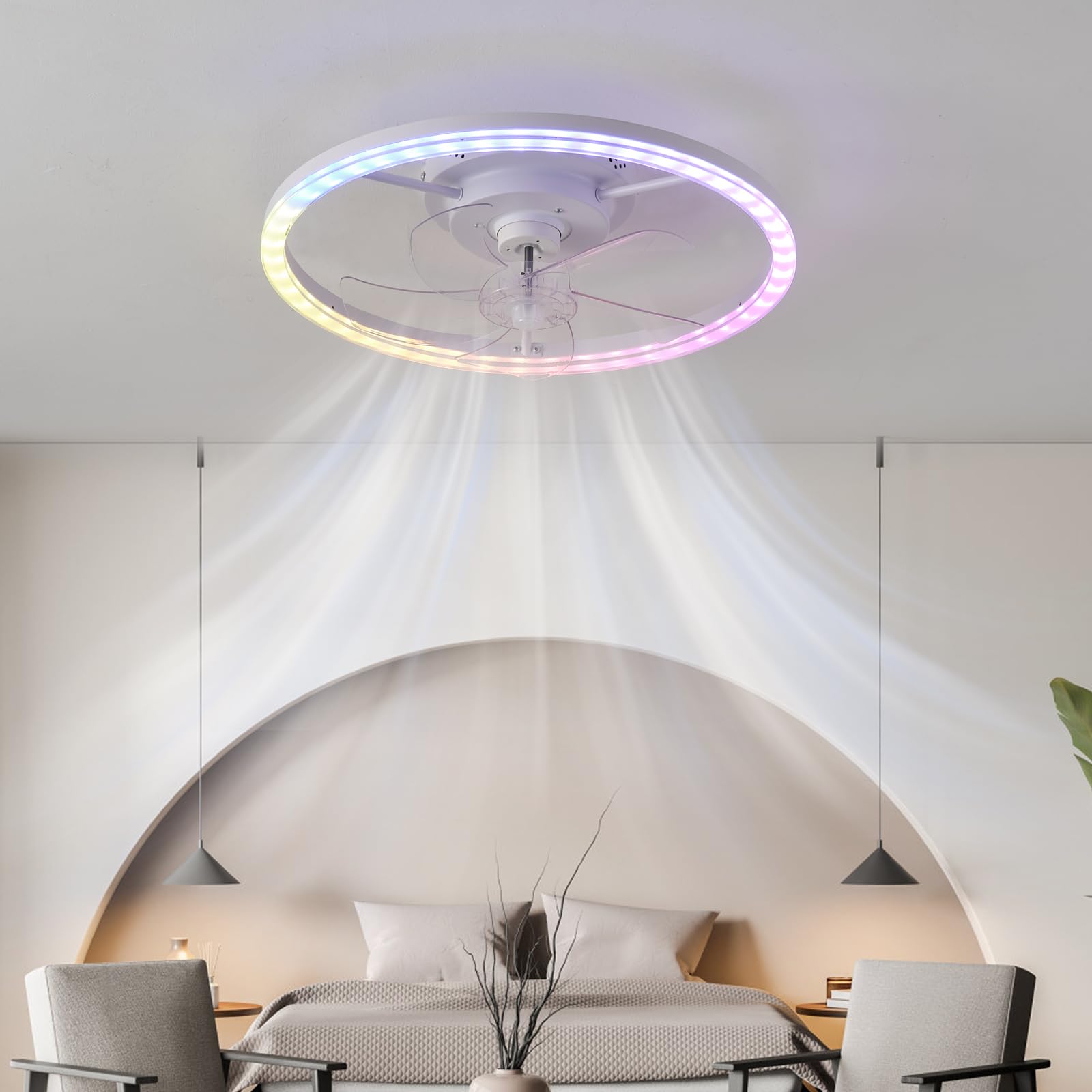 HXYSXHJUO Ceiling Light with Fan, Fan Lighting lamp and Remote Control APP 3 LED Colors Dimmable Modern RGB 6 Ventilation speeds Timer for Bedroom Living Room