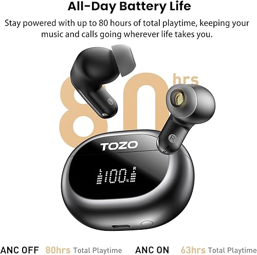 Miniatura 5 de TOZO NC20 Auriculares inalámbricos con cancelación activa de ruido, auriculares impermeables IPX8, graves estéreo de sonido LDAC de alta resolución,