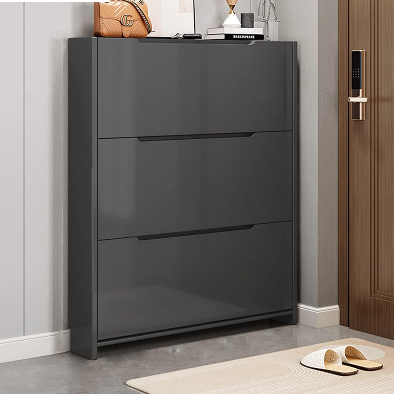 Shoe Storage Cabinet Cabinets Hallway Slim Cupboard Cupboards Hallways Slimline，Vintage Hidden Shoe Cabinet - Flip Down Shoe Rack & for Entryway, Living Room & Narrow Closets - Stylish Shoe