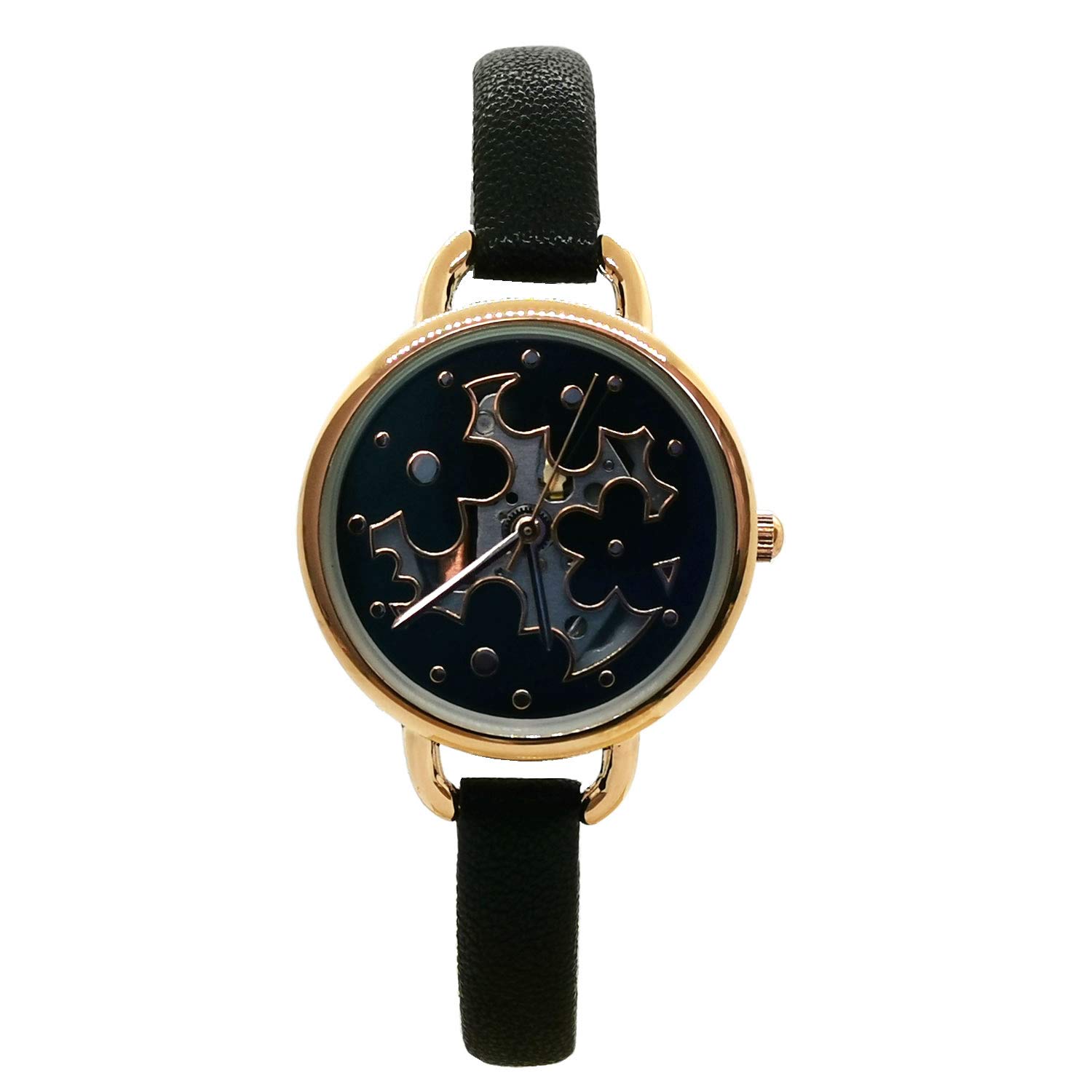 Nafisa Women's Black Small See Through Flower Dial Stainless Steel Leather Strap Wrist Watch NA-0210