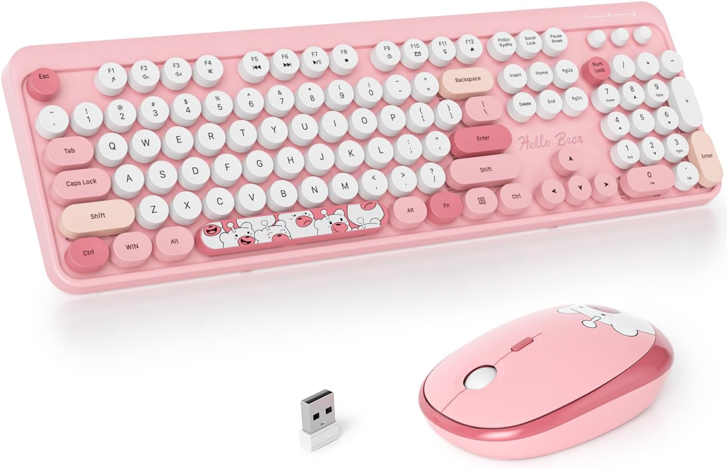 Fogruaden Wireless Keyboard and Mouse Combo, Pink Retro Typewriter Keyboard, 2.4GHz Full Size Round Keycap Cute Computer Keyboard with Number Pad, Pink Colorful Keyboard for Windows PC Laptop(Pink)