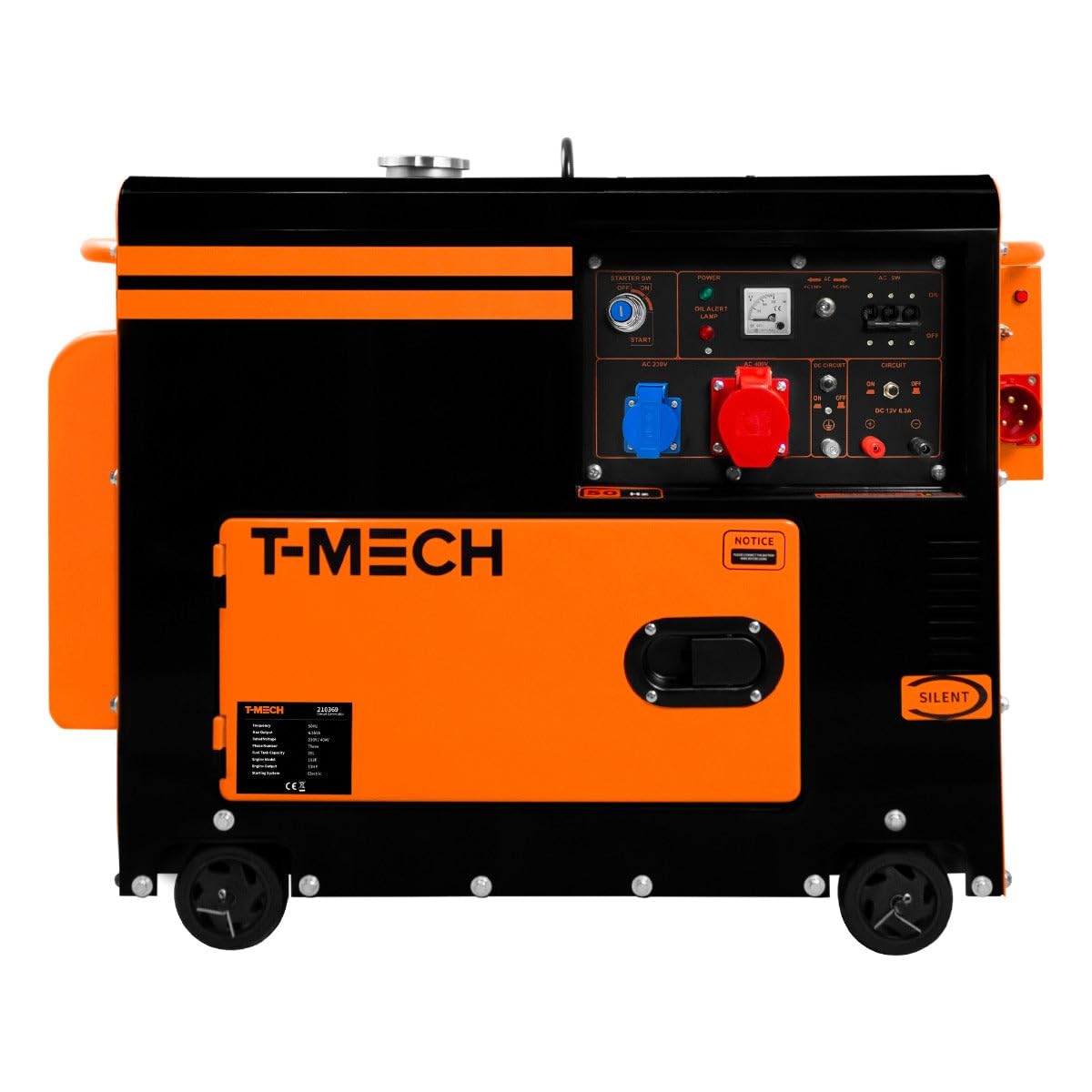 Generatore Diesel Silenzioso Trifase ATS 6.5kVA 6500W 13HP 230V 400V Avvio Elettrico Telaio Chiuso Potenza di Emergenza 4 Ruote Acciaio Verniciato a Polvere Nera 20L Capacità Kit Attrezzi & Imbuto