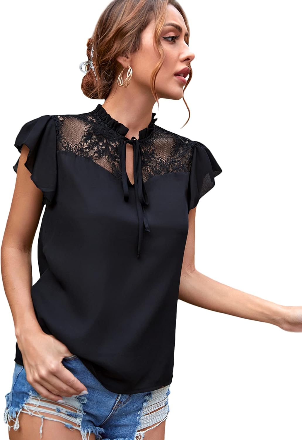 SheIn Women's Lace Ruffle Trim Cap Sleeve Blouse Ethiopia Ubuy