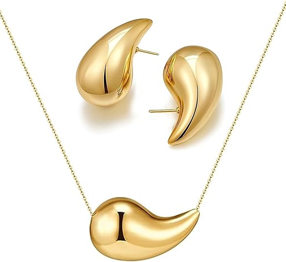 Teardrop Necklace Earrings Jewelry Set for Women, Dupes Drop Dainty 14k Gold Plated Water Hypoallergenic Pendant Necklace