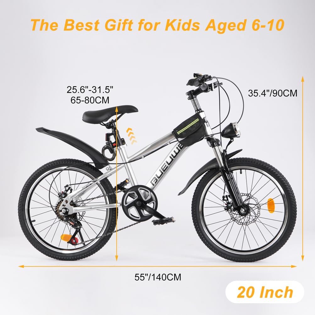 Bueuwe 20 24 Inch Kids Mountain Bike, Children Bicycles for Boys and Girls Ages 6-12, 7 Speed Teenager Bikes with Disc Brakes, Adjustable Handlebars and Seat, Kickstand (Silver, 20 Inch)