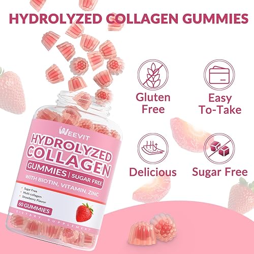 Miniatura 6 de Gominolas de colágeno sin azúcar para mujeres, proteína de colágeno tipo I, II, III, V, X con biotina, vitamina C, D, B12, gomitas de péptidos de