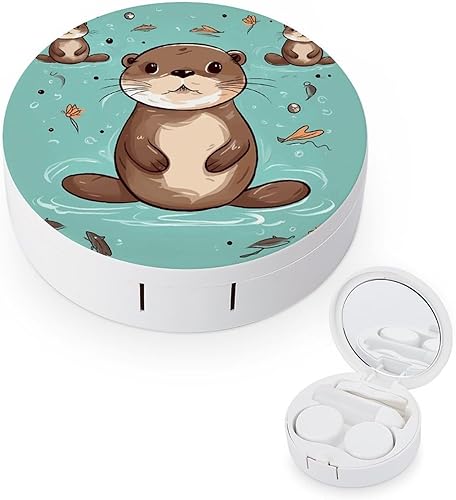 Contact Lens Case Travel Cartoon Cute Otter Print Contact Cases Box With Mirror Solution Bottle Applicator Removal Tool Kit For Daily Outdoor