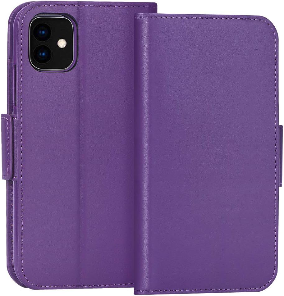 FYY Case for iPhone 11 6.1”, Luxury [Cowhide Genuine Leather][RFID Blocking] Wallet Case, Handmade Flip Folio Case Cover with [Kickstand Function] and[Card Slots] for Apple iPhone 11 6.1” Purple