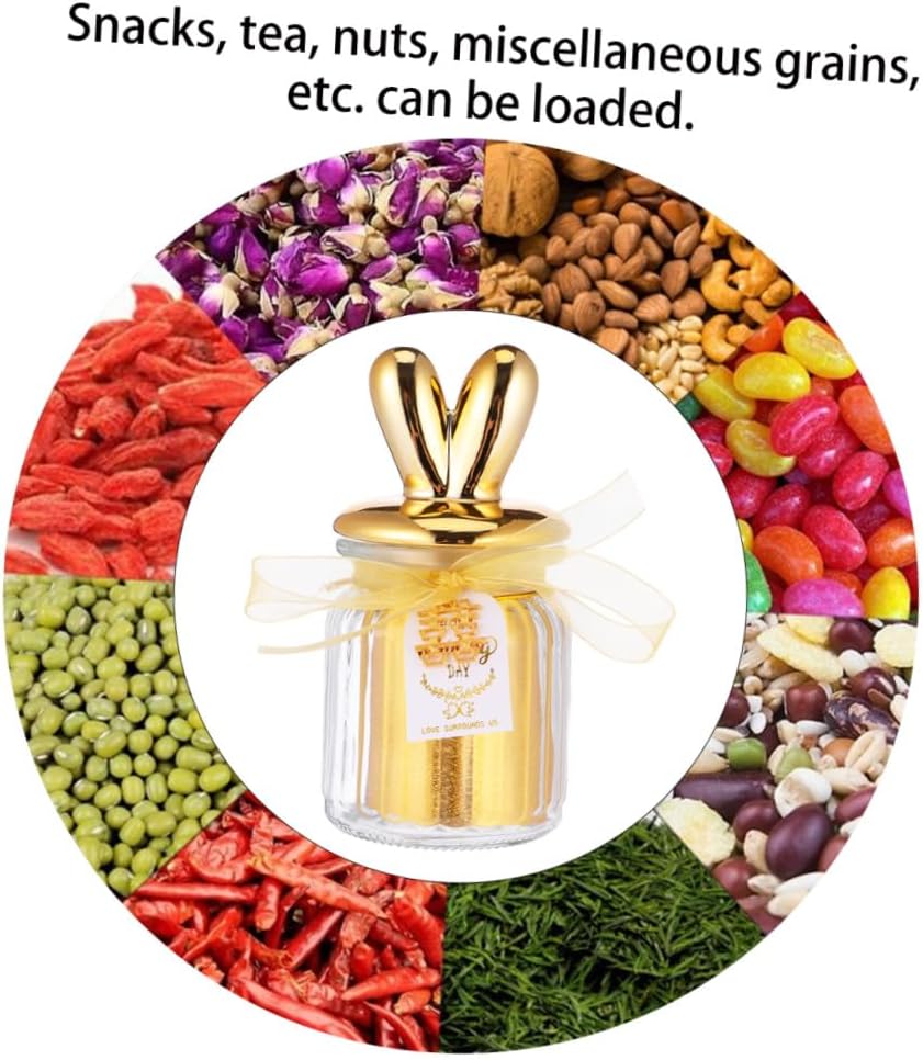 Ceramic Candy Jar with Bunny Ear Lid, Glass Sealed Candy Storage Box for Wedding Favors, Overgild Animal Dessert Display Jar