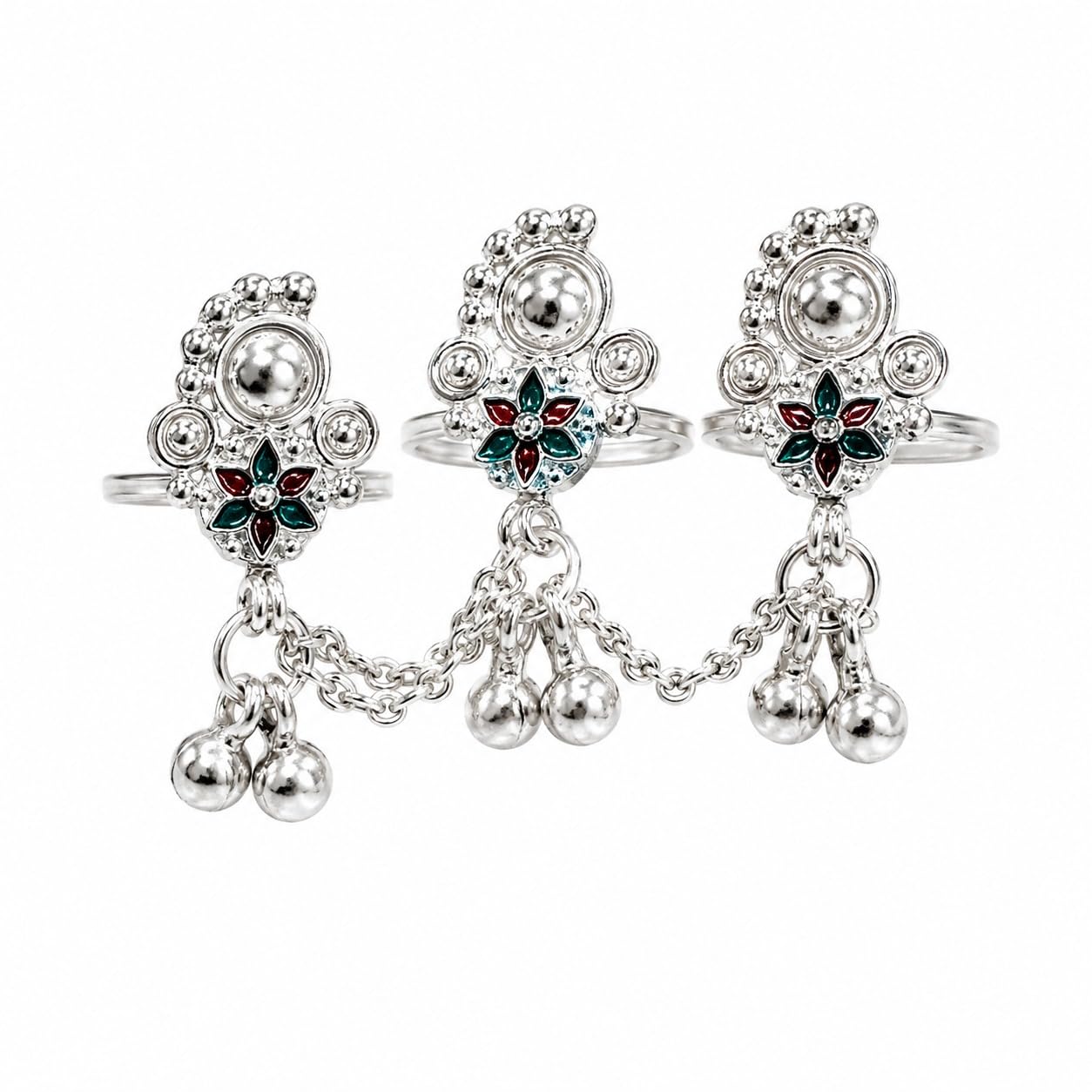Silver Toe Rings with Dangling Ghungroo Bells | Enamel Floral Design | Traditional Indian Style | Set of 3-image-7