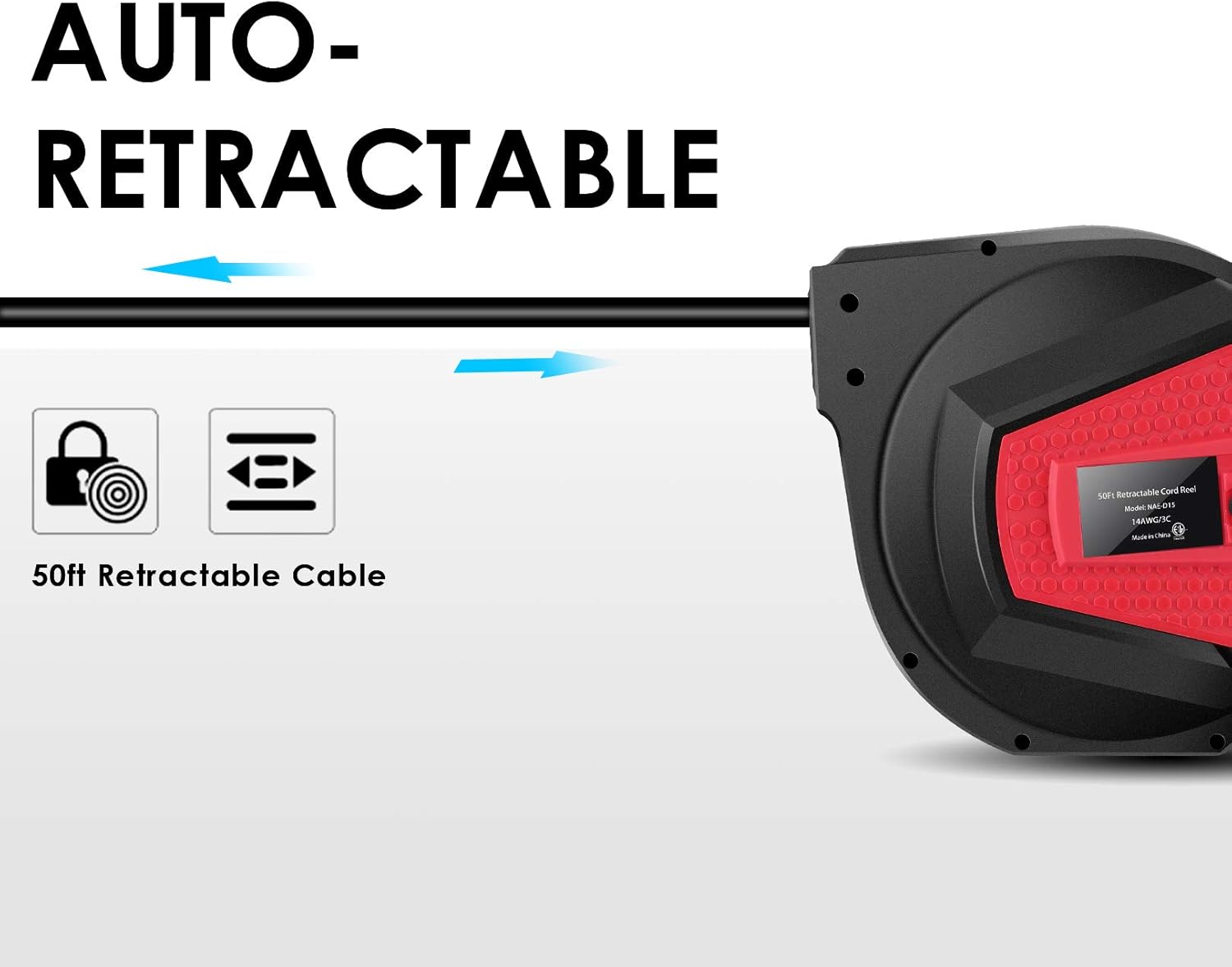 Flash Deals - 80% OFF BATHWA Retractable Extension Cord Reel, 50 FT Heavy Duty Industrial 14AWG/3C Power Cord, Outdoor Electrical Cord with 3 Grounded Outlets Lighted Triple Tap