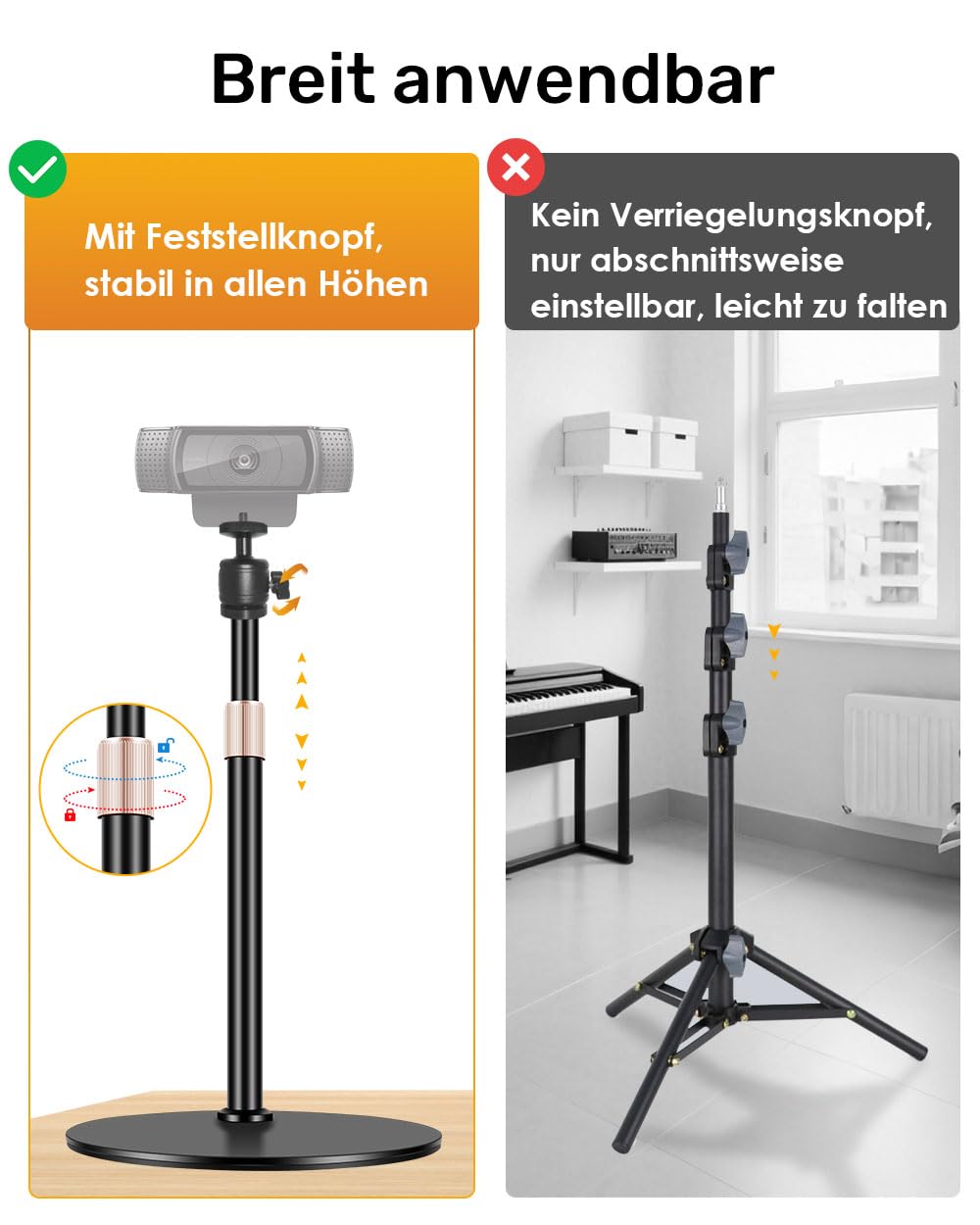 Supporto per Webcam - Sfera Regolabile in Altezza e Ruotabile 360° - Compatibile con Logitech C922, C930e, C920S, C920, C615, C960, NexiGo N60, Webcam Tripod Stand