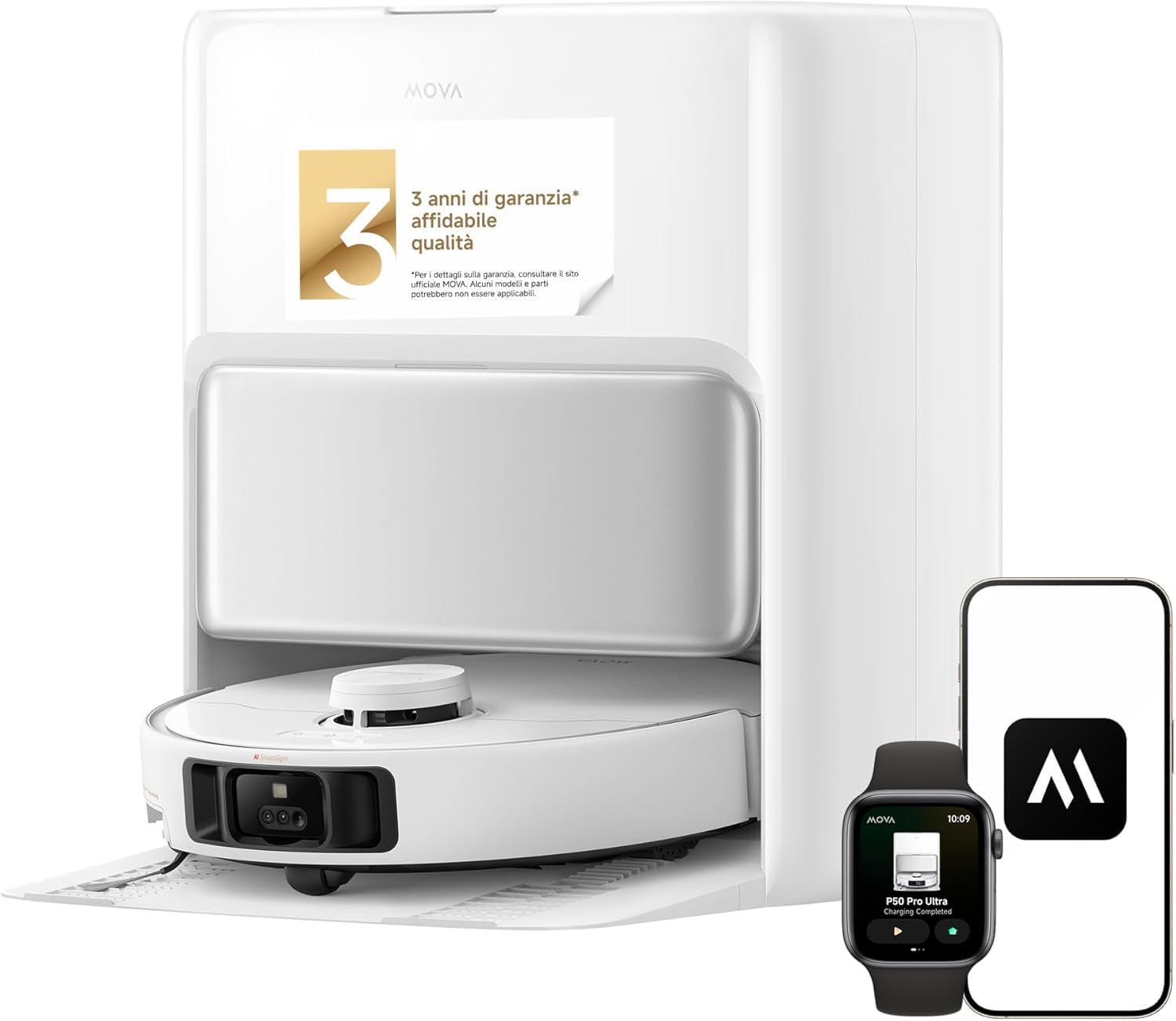 MOVA P50 Pro Ultra Robot Aspirapolvere, Bianco | 19.000 Pa, Pulizia Angolo-Bordo, Autopulizia A 75°C, Svuotamento E Riempimento Automatico, Evitamento Ostacoli
