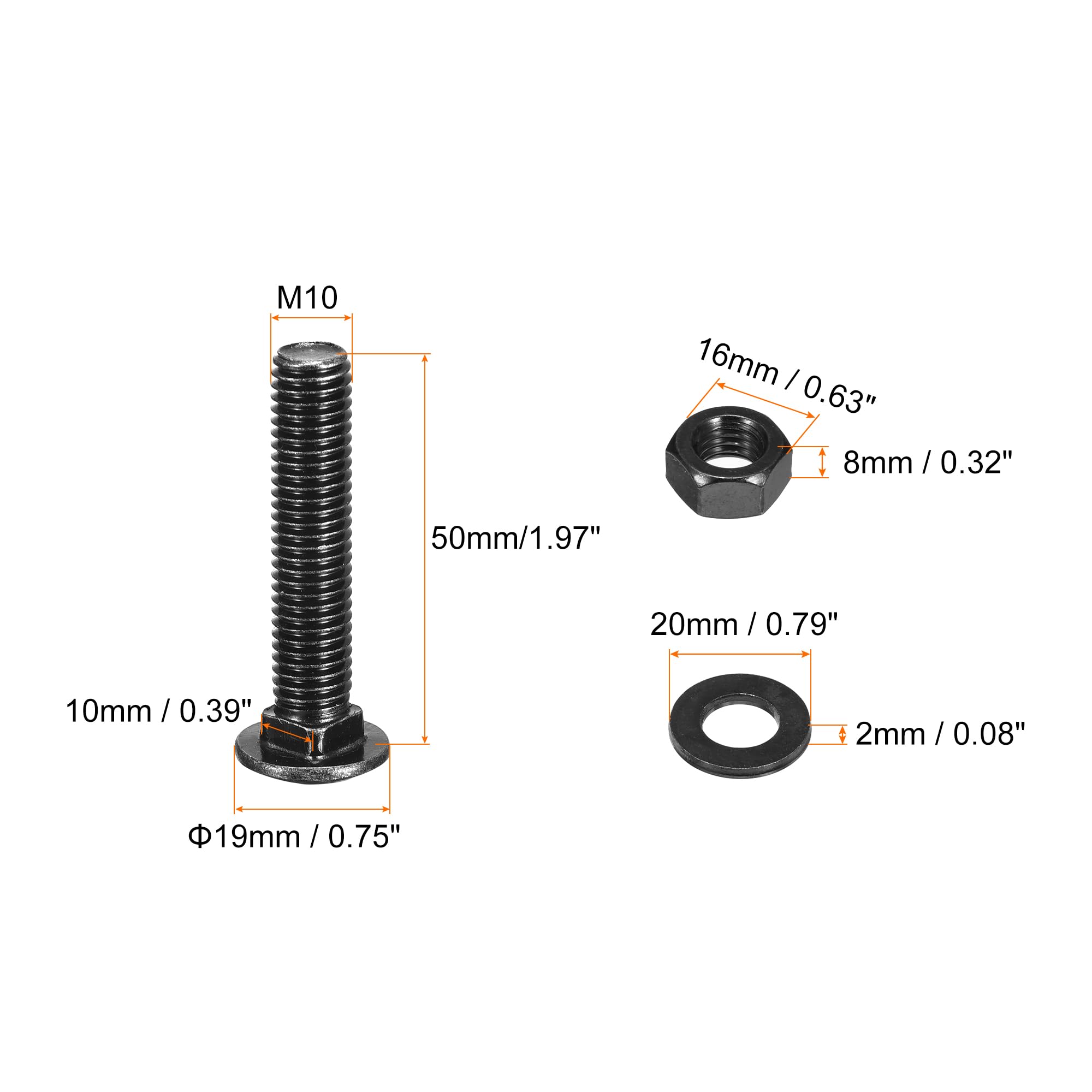 QUARKZMAN Bulloni A Testa Tonda Con Collo Quadrato M10x50mm Con Dadi E Rondelle, 25Set 304 Acciaio Inossidabile Bulloni A Collo Quadrato, Nero