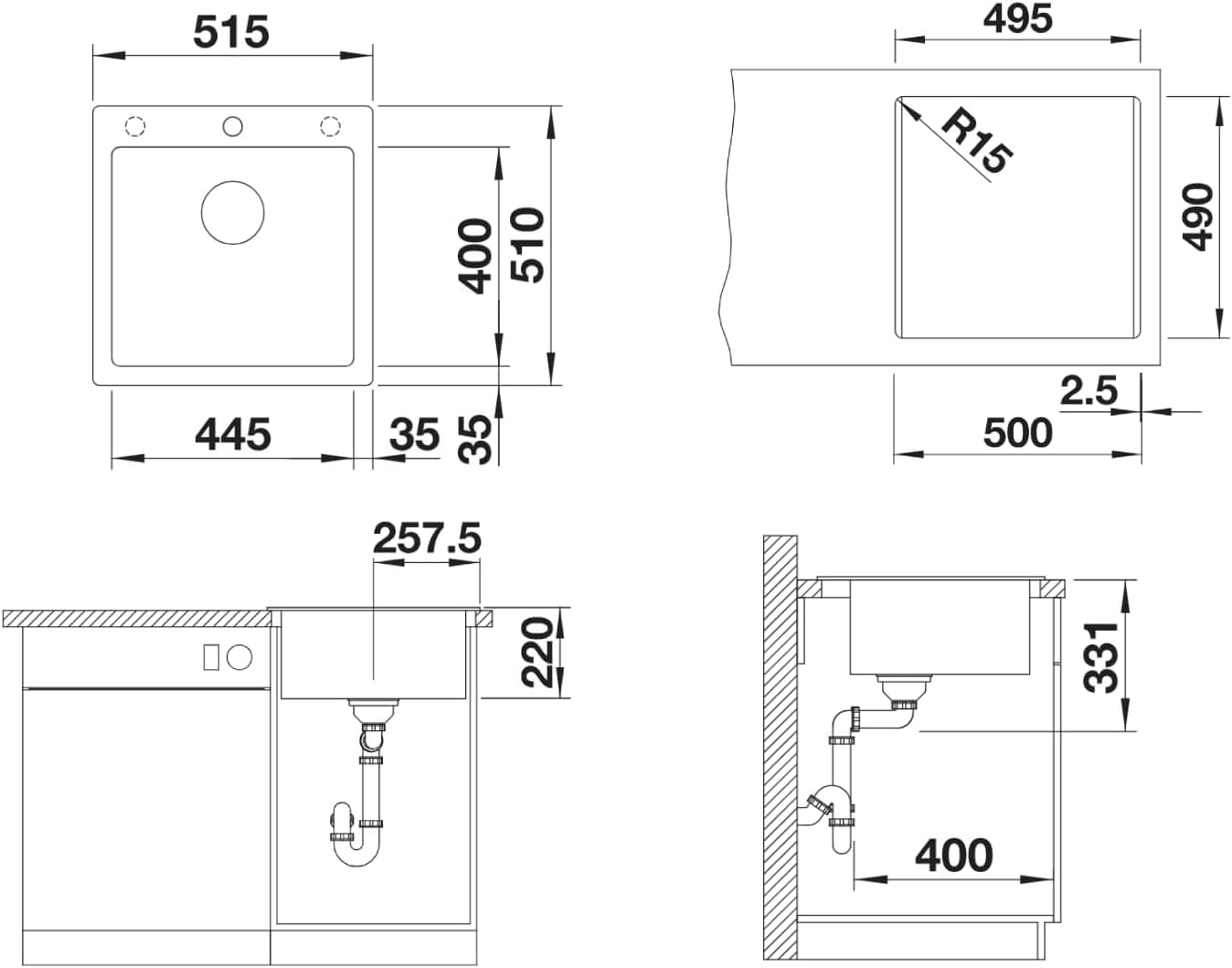 Technical drawing showing dimensions and installation details for the BLANCO Pleon 5 sink, including top view, side view, and cross-section with plumbing.