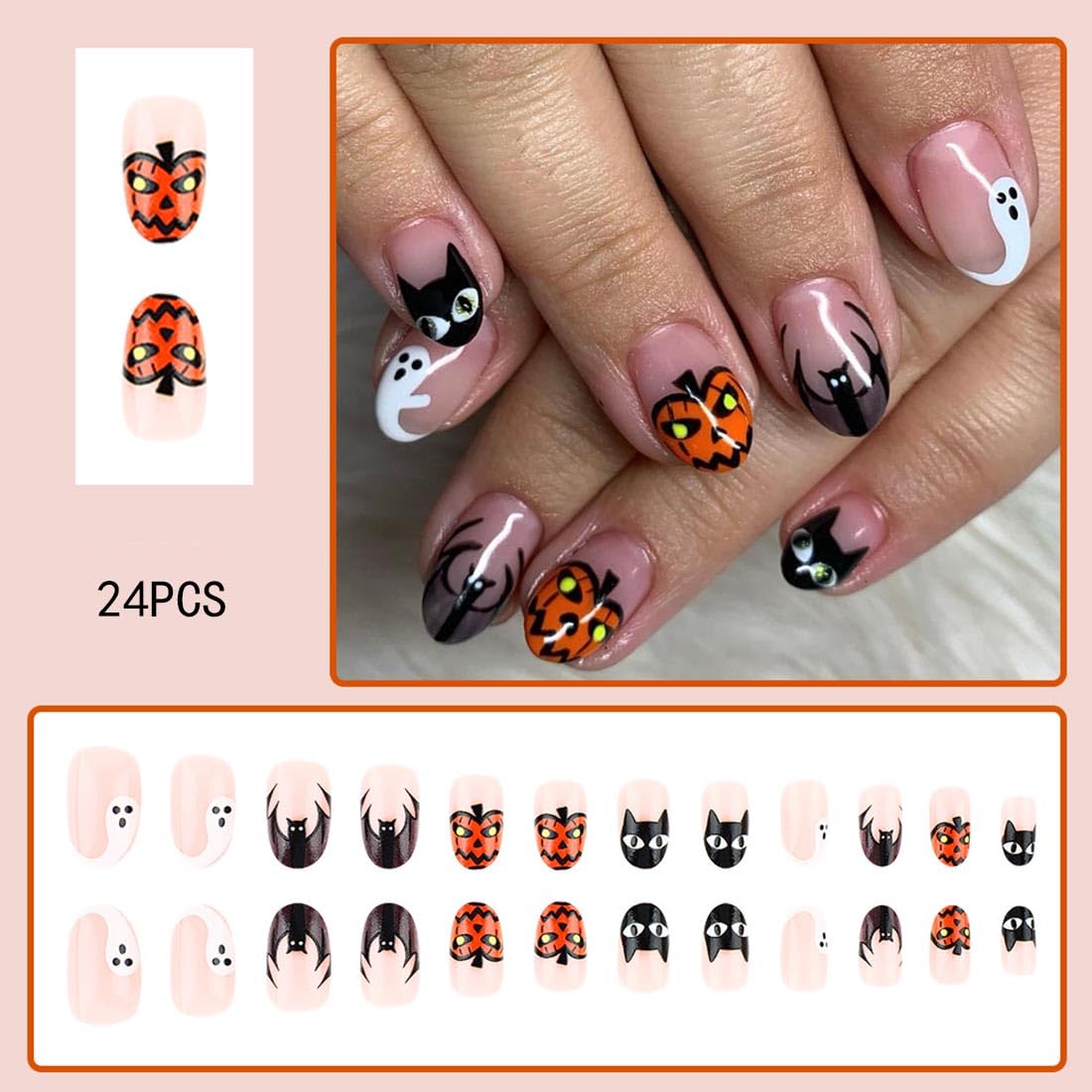 Cubahop 24PCS Halloween Press on Nails Short Fake Nails Pumpkin Ghost Design Cute Cosplay False Nails Glossy Nails for Women (Pink - Image 4