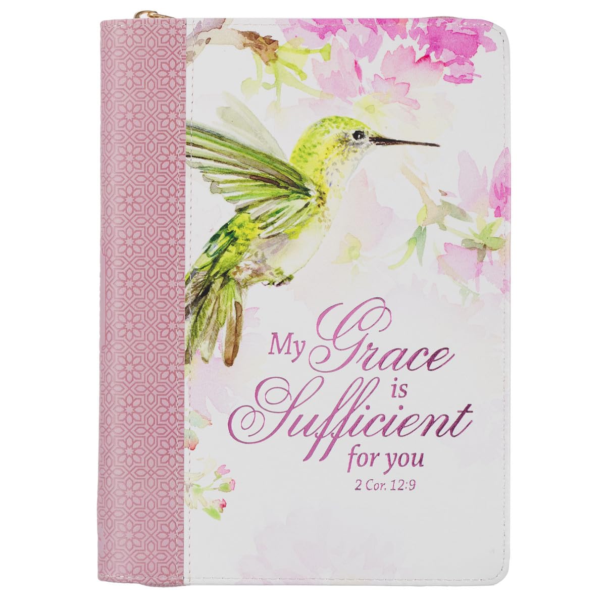 Christian Art Gifts Pink Vegan Leather Zipped Journal, Inspirational Women’s Notebook My Grace Scripture, Flexible Cover, 336 Ruled Pages, Ribbon