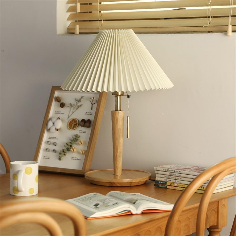 Affascinante Lampada da tavolo in tessuto plissettato in legno, stile retrò, for camera da letto, soggiorno, studio Arredamento per la casa(Natural)